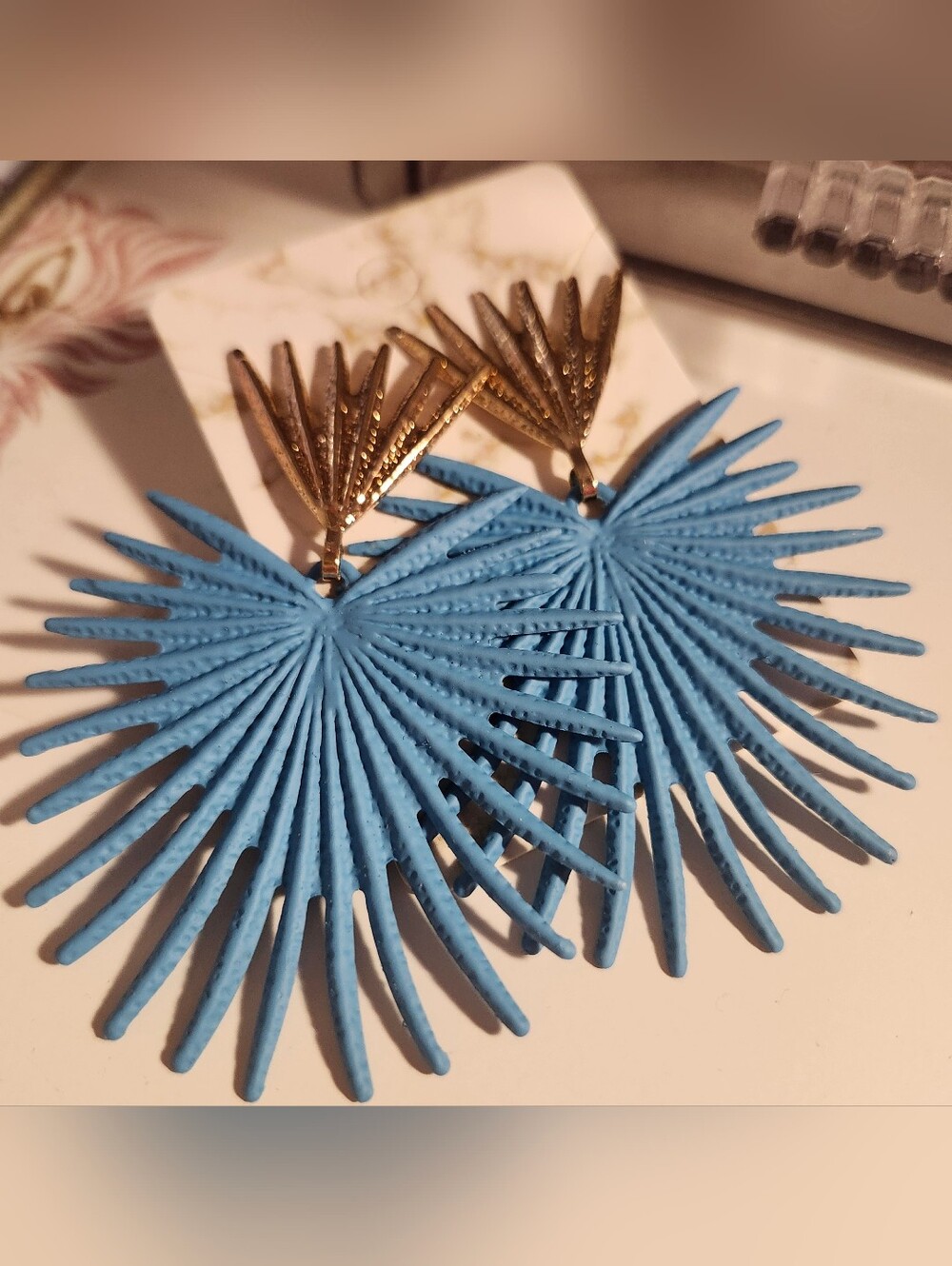 Blue Fan Spike Earrings with Gold Accent